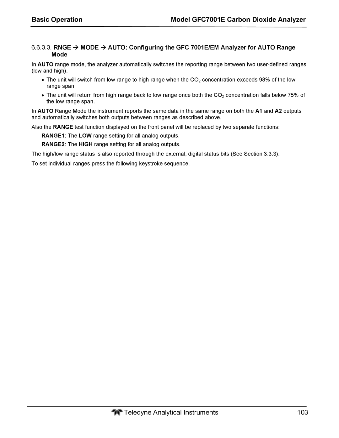 Teledyne GFC 7001EM operation manual Teledyne Analytical Instruments 103 