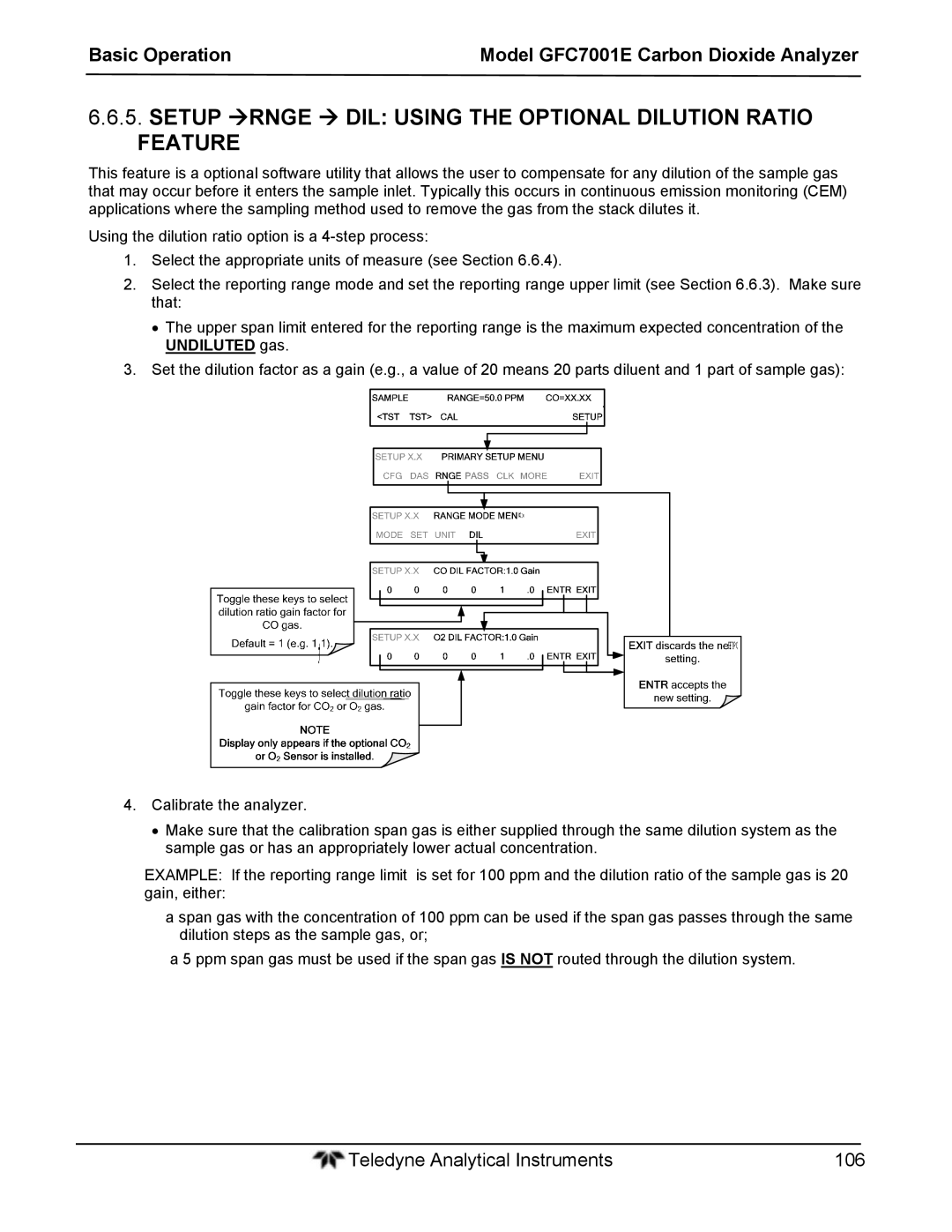 Teledyne GFC 7001EM operation manual Setup RNGE  DIL Using the Optional Dilution Ratio Feature 