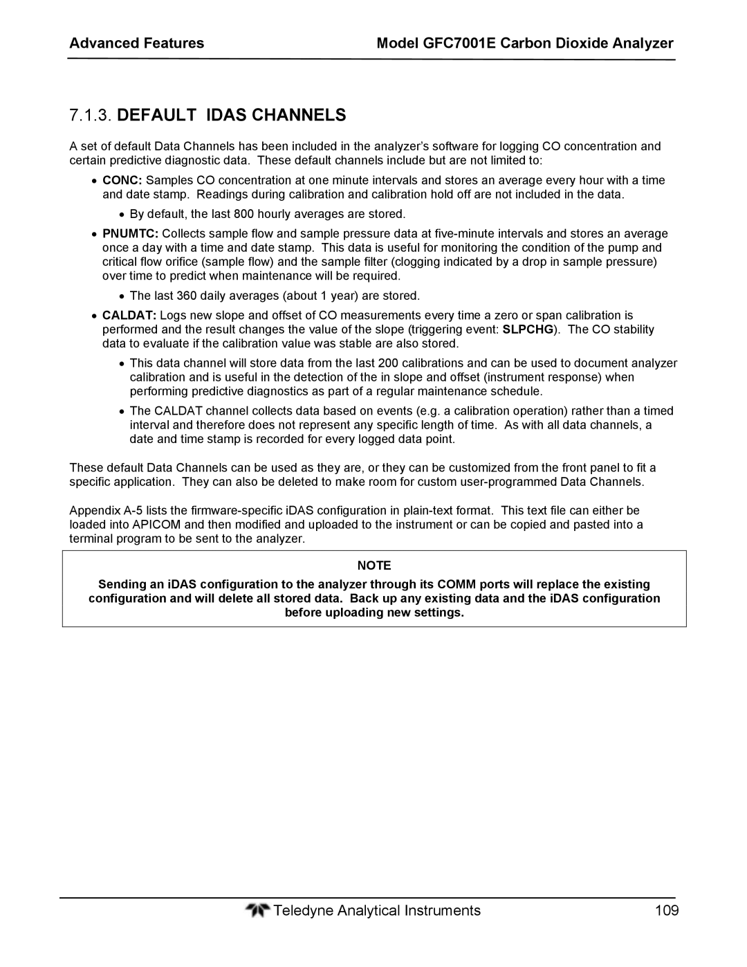 Teledyne GFC 7001EM operation manual Default Idas Channels 