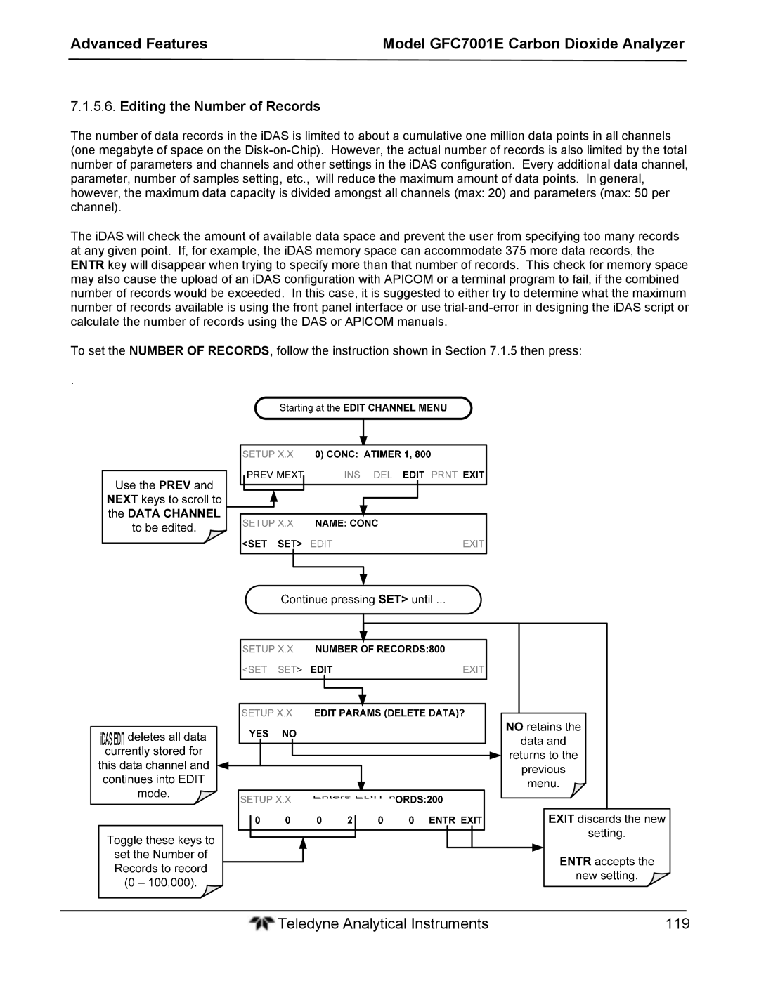 Teledyne GFC 7001EM operation manual Editing the Number of Records 