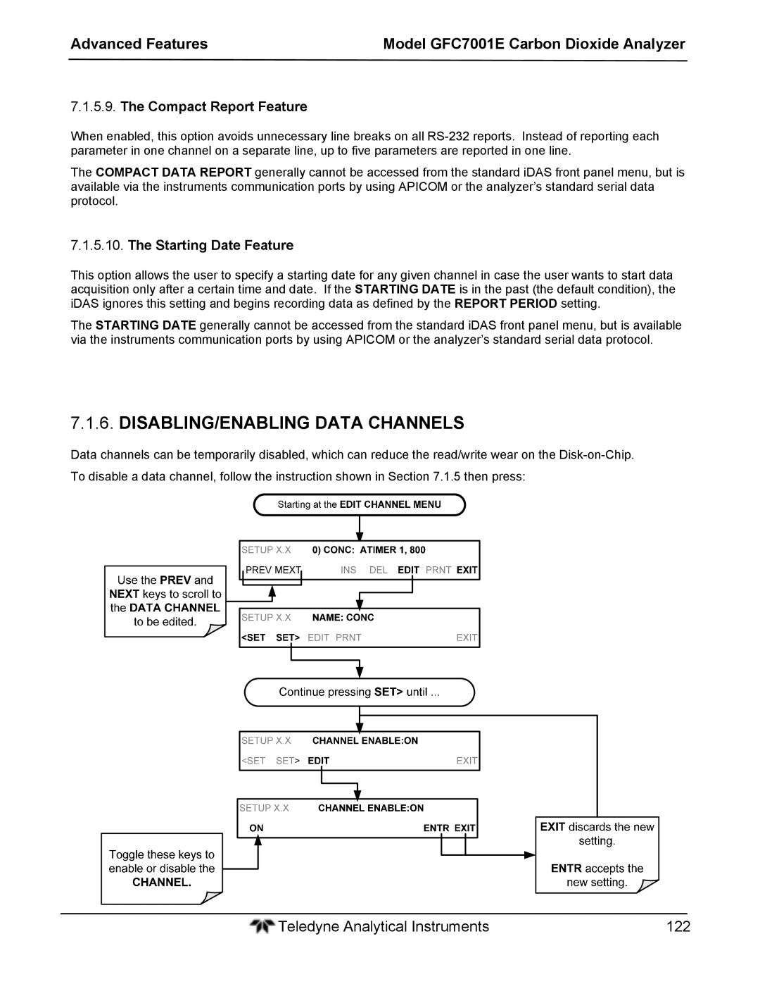 Teledyne GFC 7001EM operation manual DISABLING/ENABLING Data Channels, Compact Report Feature, Starting Date Feature 