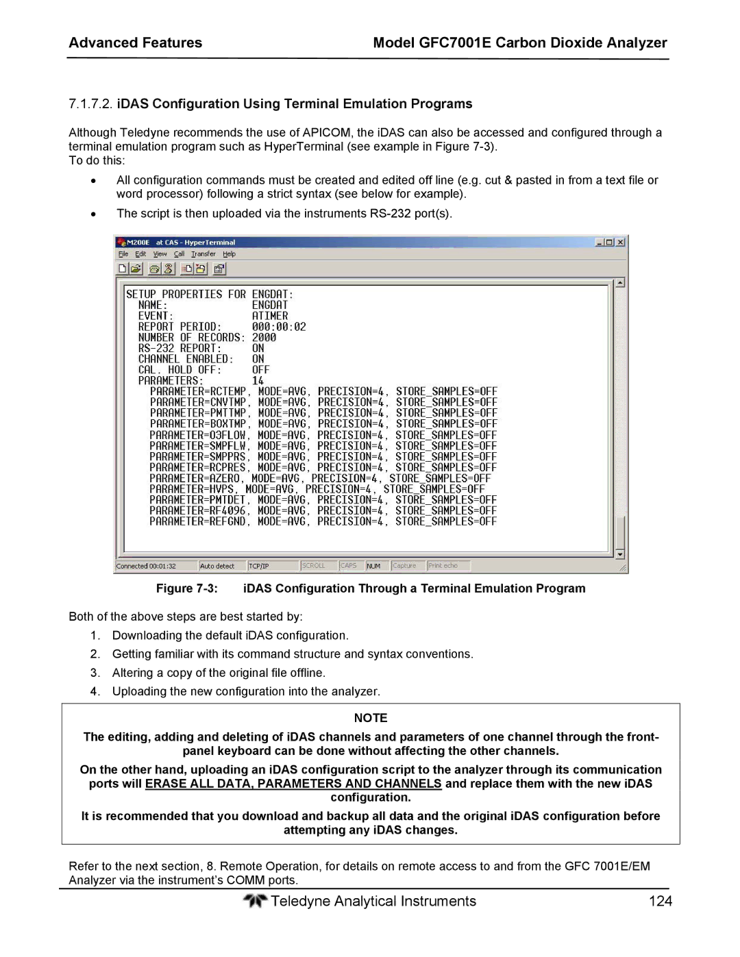 Teledyne GFC 7001EM operation manual IDAS Configuration Using Terminal Emulation Programs 