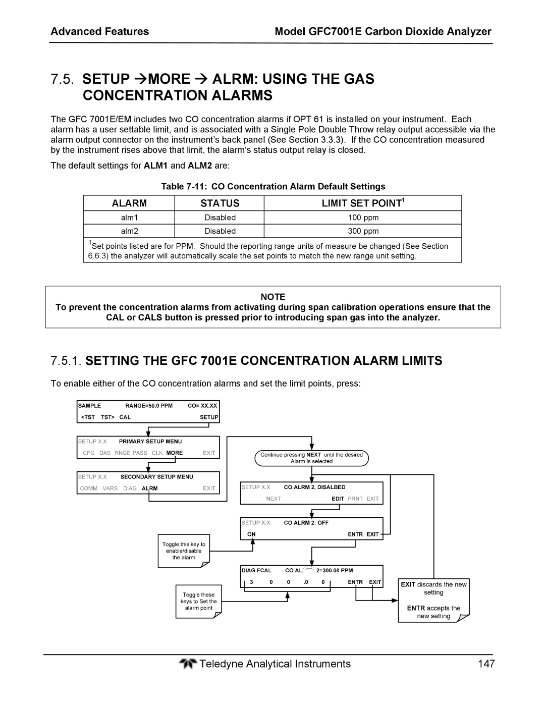 Teledyne Setup MORE  Alrm Using the GAS Concentration Alarms, Setting the GFC 7001E Concentration Alarm Limits 