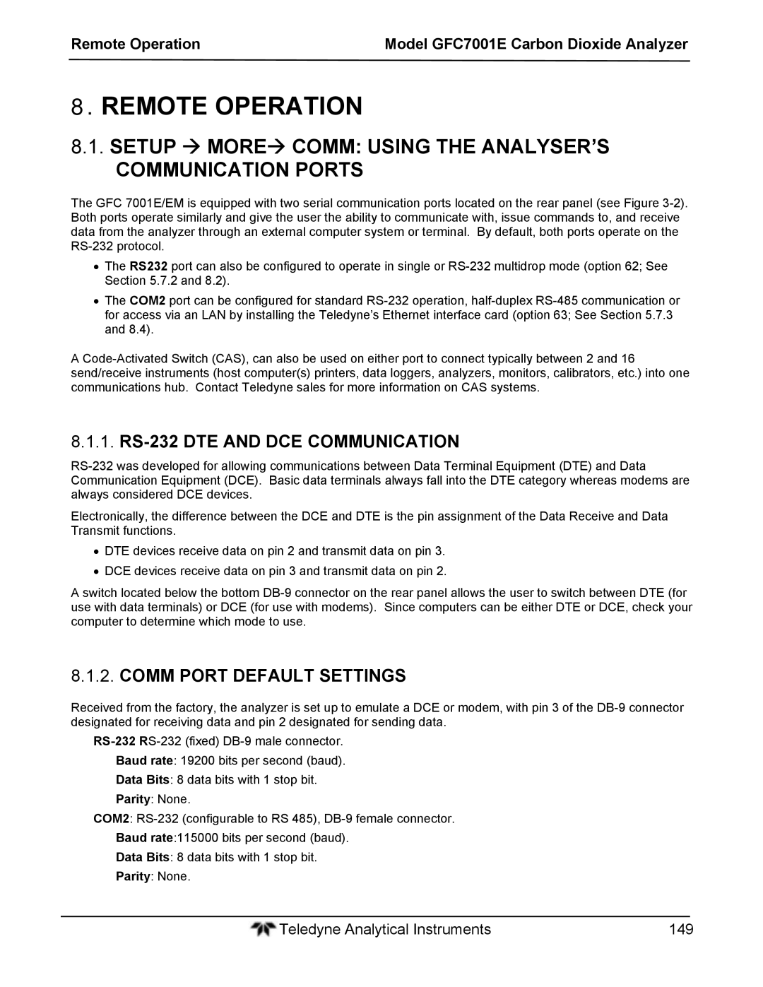 Teledyne GFC 7001EM operation manual Remote Operation, Setup  MORE Comm Using the ANALYSER’S Communication Ports 