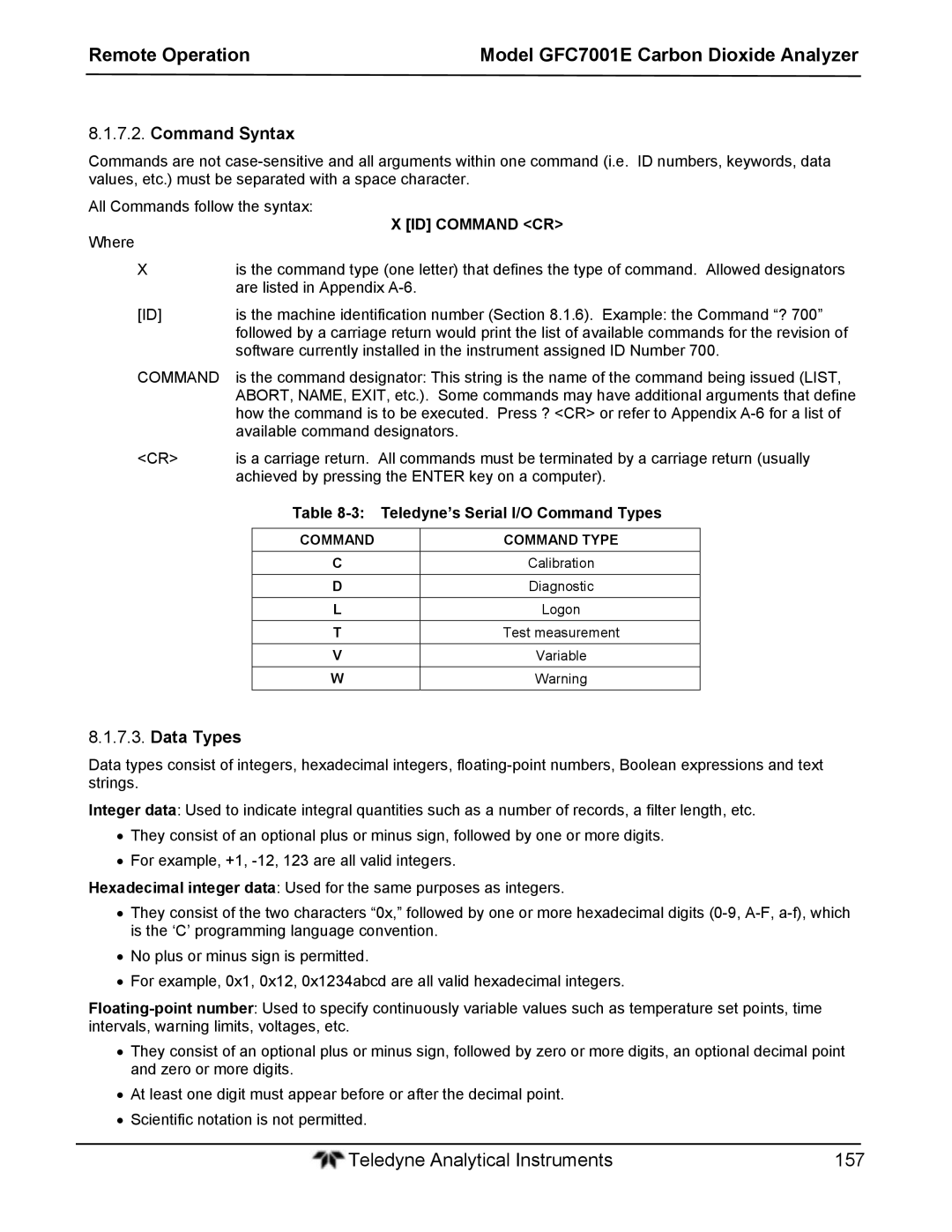 Teledyne GFC 7001E Command Syntax, Data Types, ID Command CR, Teledyne’s Serial I/O Command Types, Command Command Type 