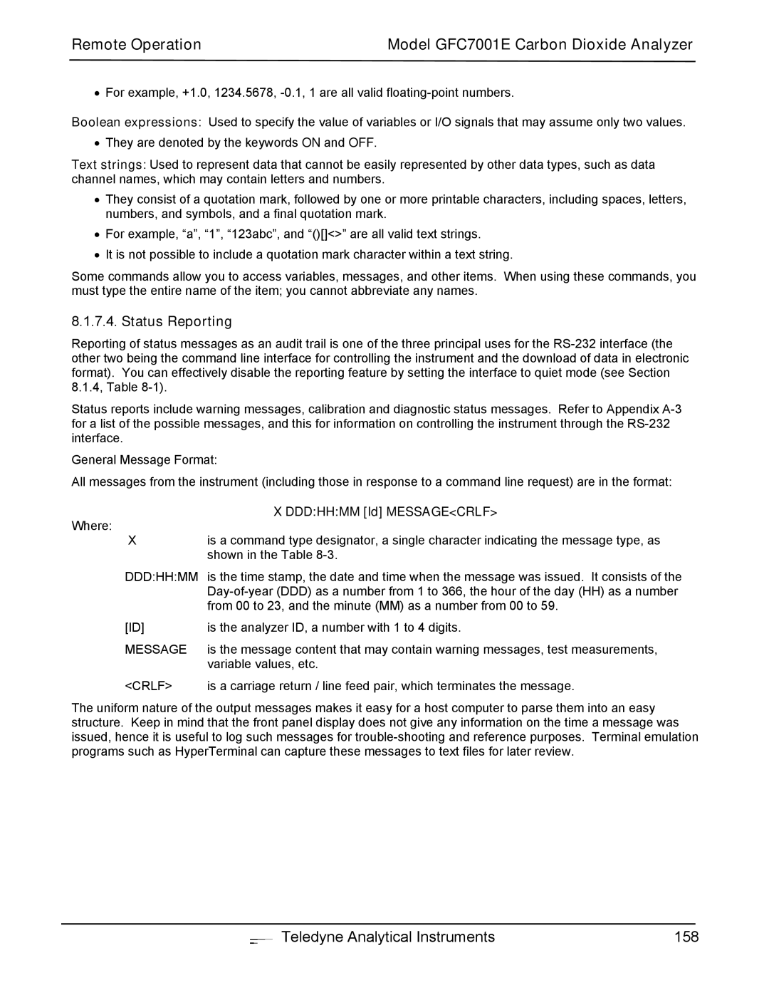 Teledyne GFC 7001EM operation manual Status Reporting, Dddhhmm Id Messagecrlf 