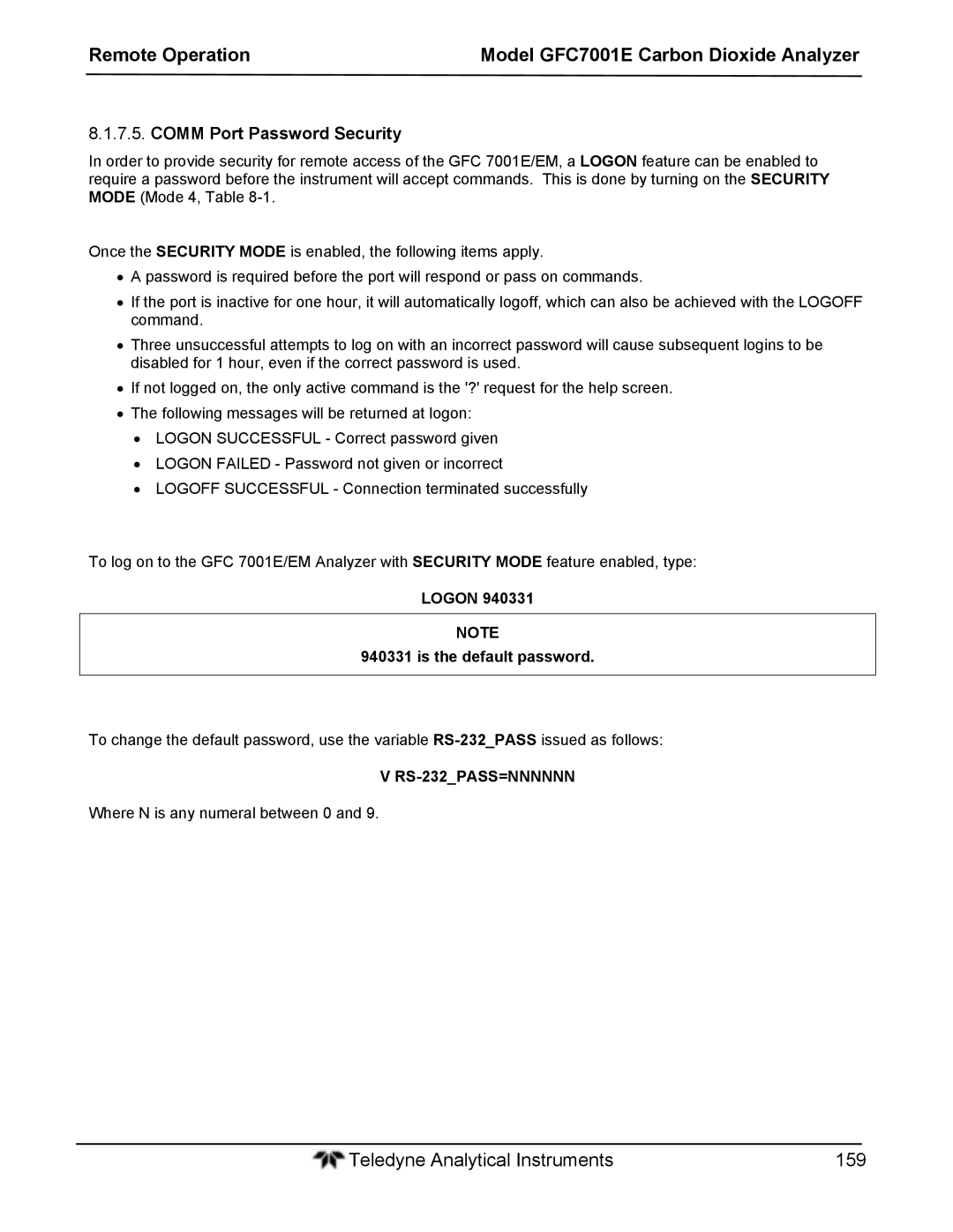 Teledyne GFC 7001EM operation manual Comm Port Password Security, Logon Is the default password, RS-232PASS=NNNNNN 