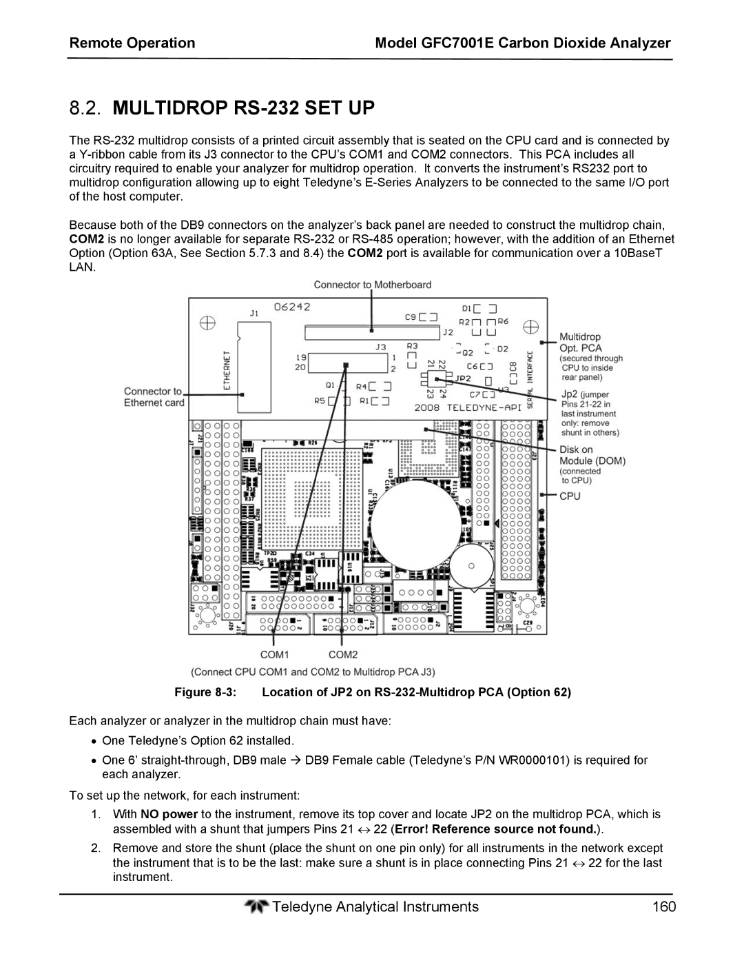 Teledyne GFC 7001EM operation manual Multidrop RS-232 SET UP, Location of JP2 on RS-232-Multidrop PCA Option 