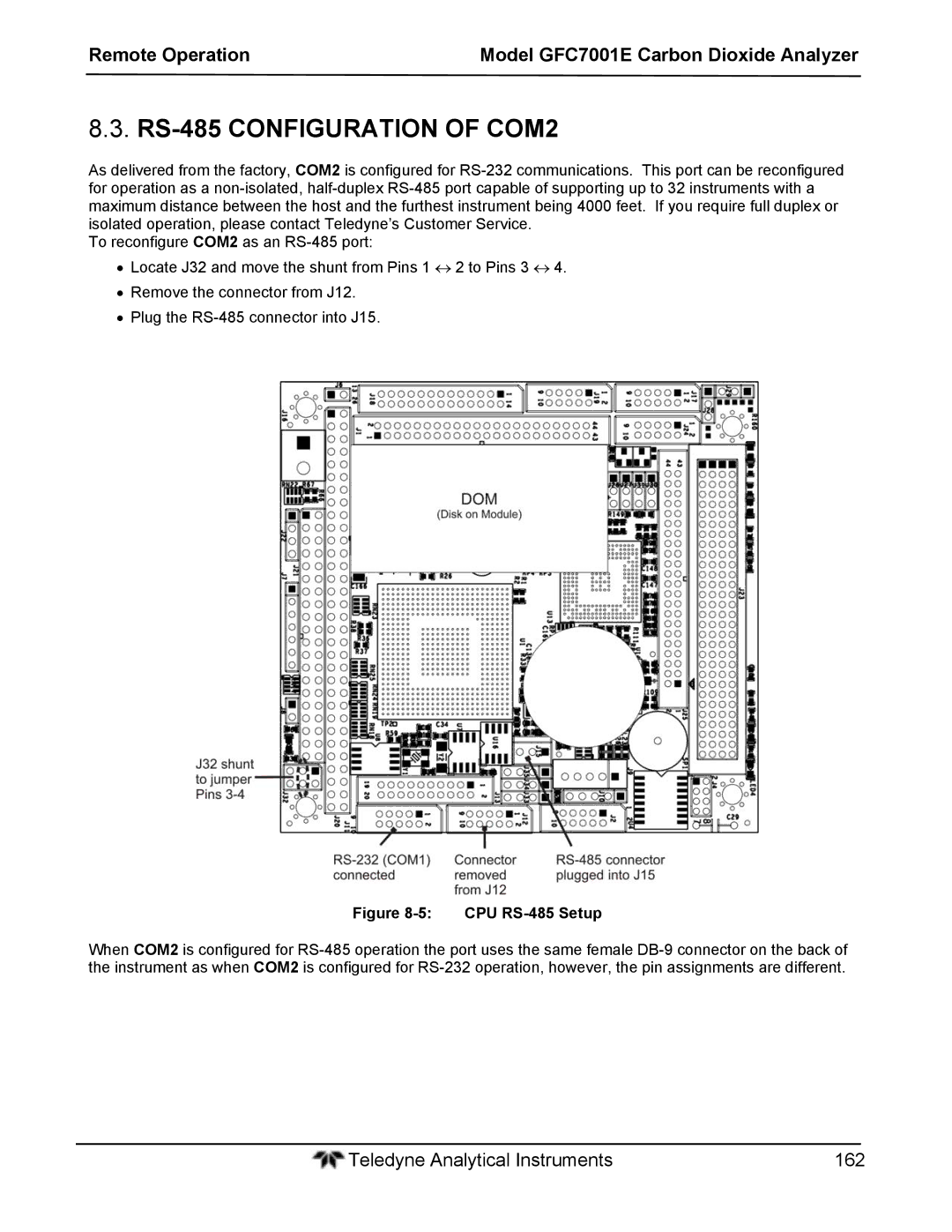 Teledyne GFC 7001EM operation manual RS-485 Configuration of COM2, CPU RS-485 Setup 