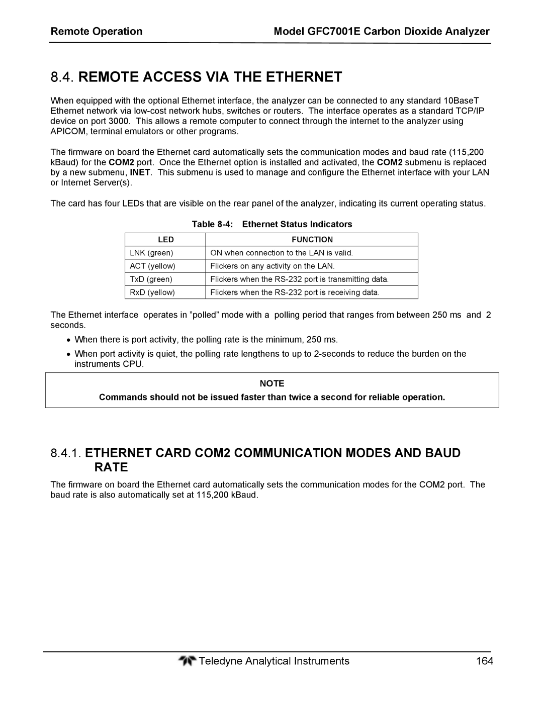Teledyne GFC 7001EM Remote Access VIA the Ethernet, Ethernet Card COM2 Communication Modes and Baud Rate, LED Function 