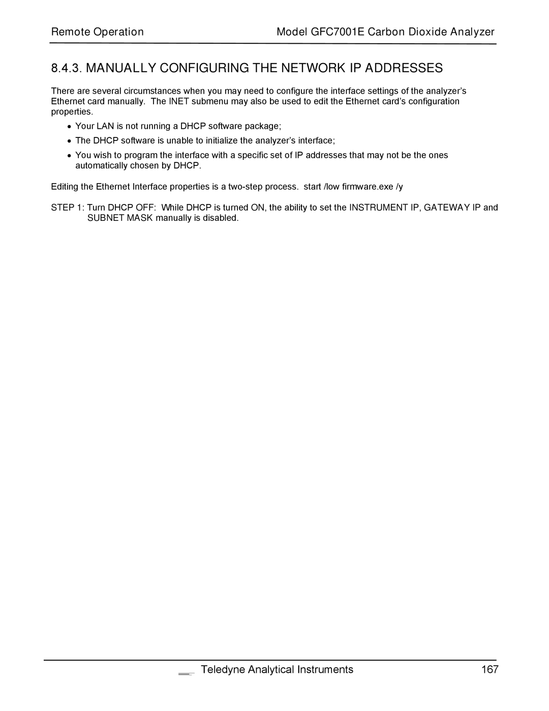 Teledyne GFC 7001EM operation manual Manually Configuring the Network IP Addresses 