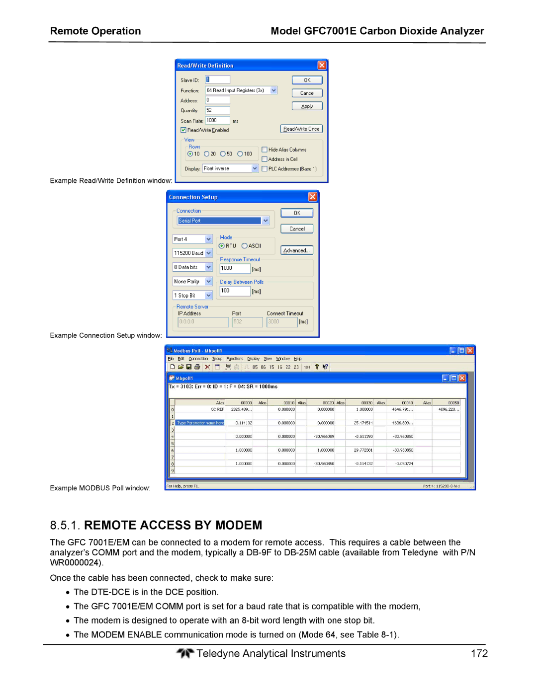 Teledyne GFC 7001EM operation manual Remote Access by Modem 