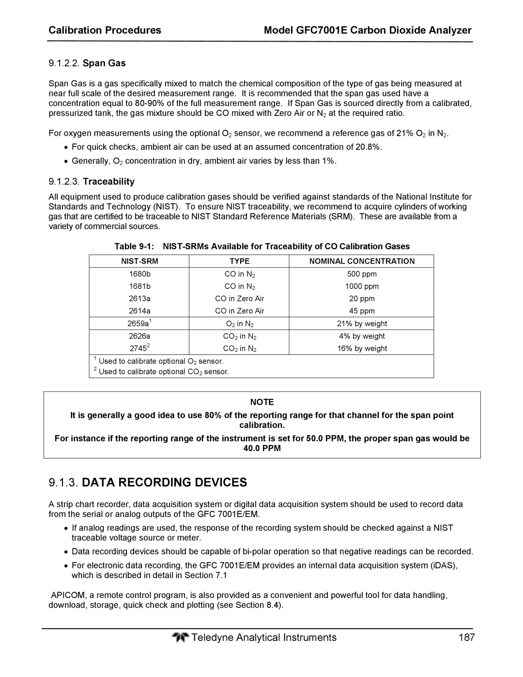 Teledyne GFC 7001EM operation manual Data Recording Devices, Traceability 