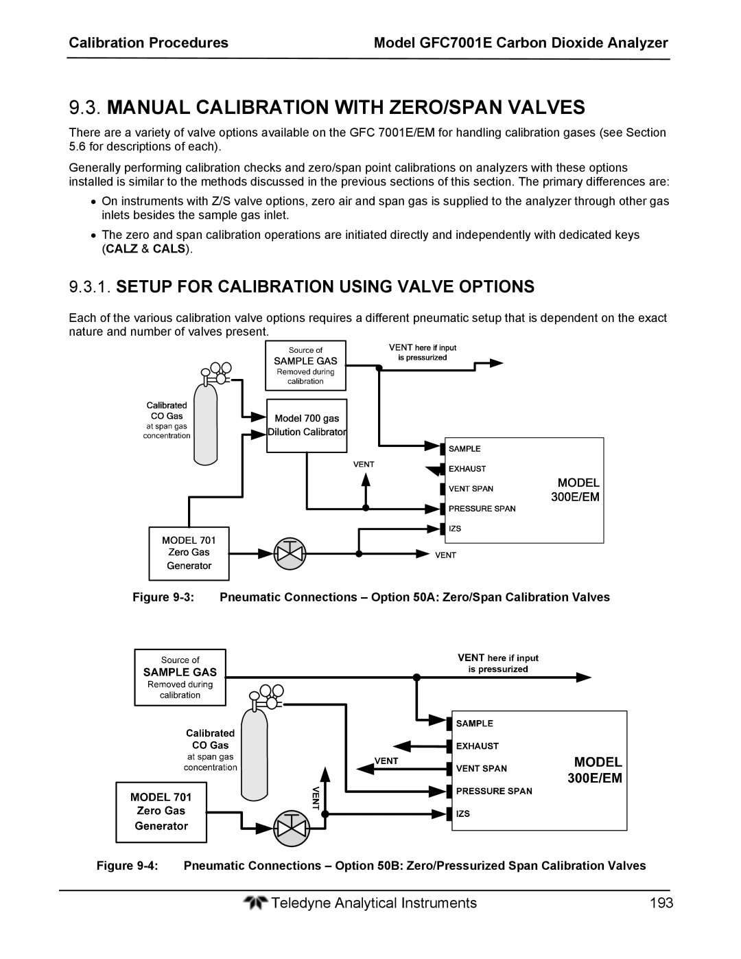 Teledyne GFC 7001EM operation manual Manual Calibration with ZERO/SPAN Valves, Setup for Calibration Using Valve Options 