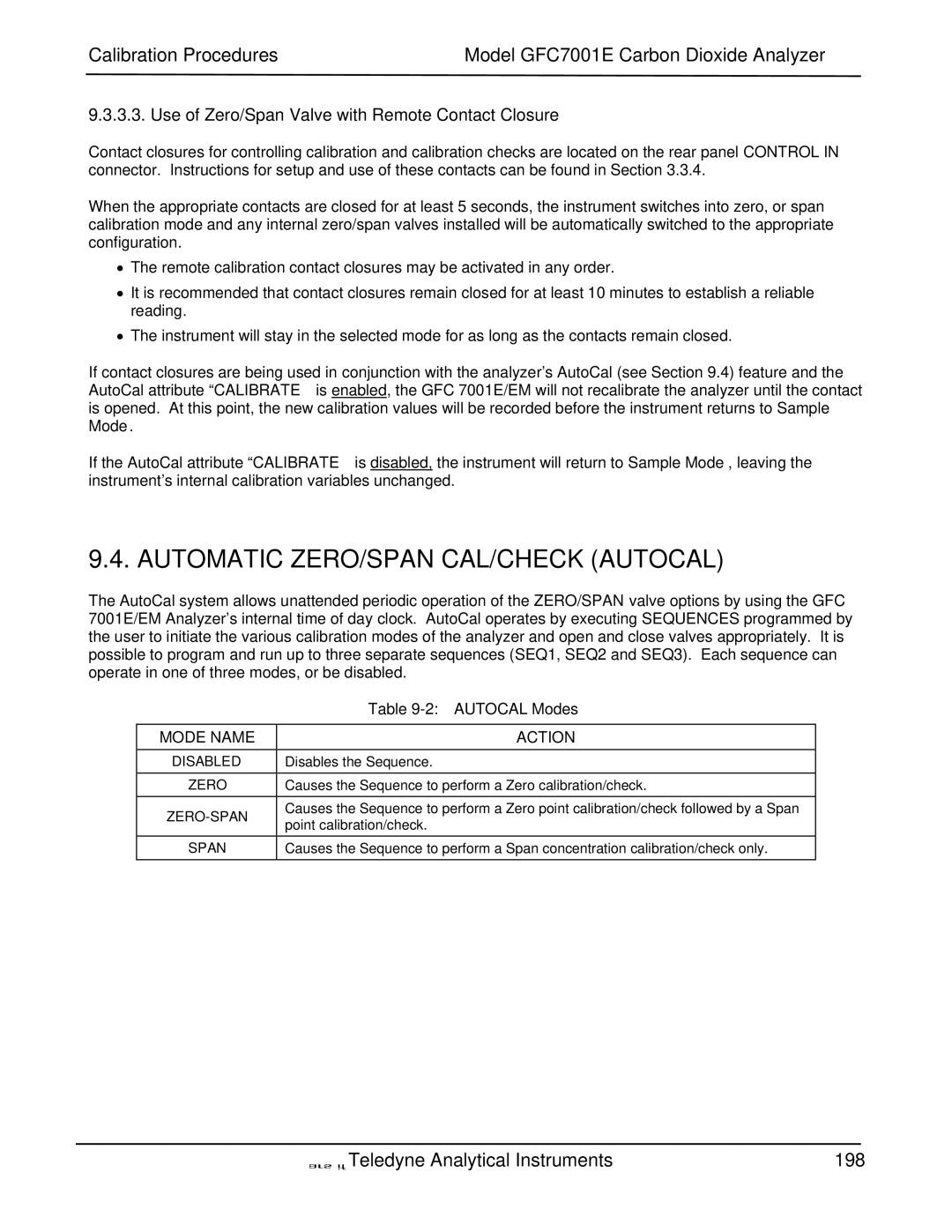 Teledyne GFC 7001EM Automatic ZERO/SPAN CAL/CHECK Autocal, Use of Zero/Span Valve with Remote Contact Closure 