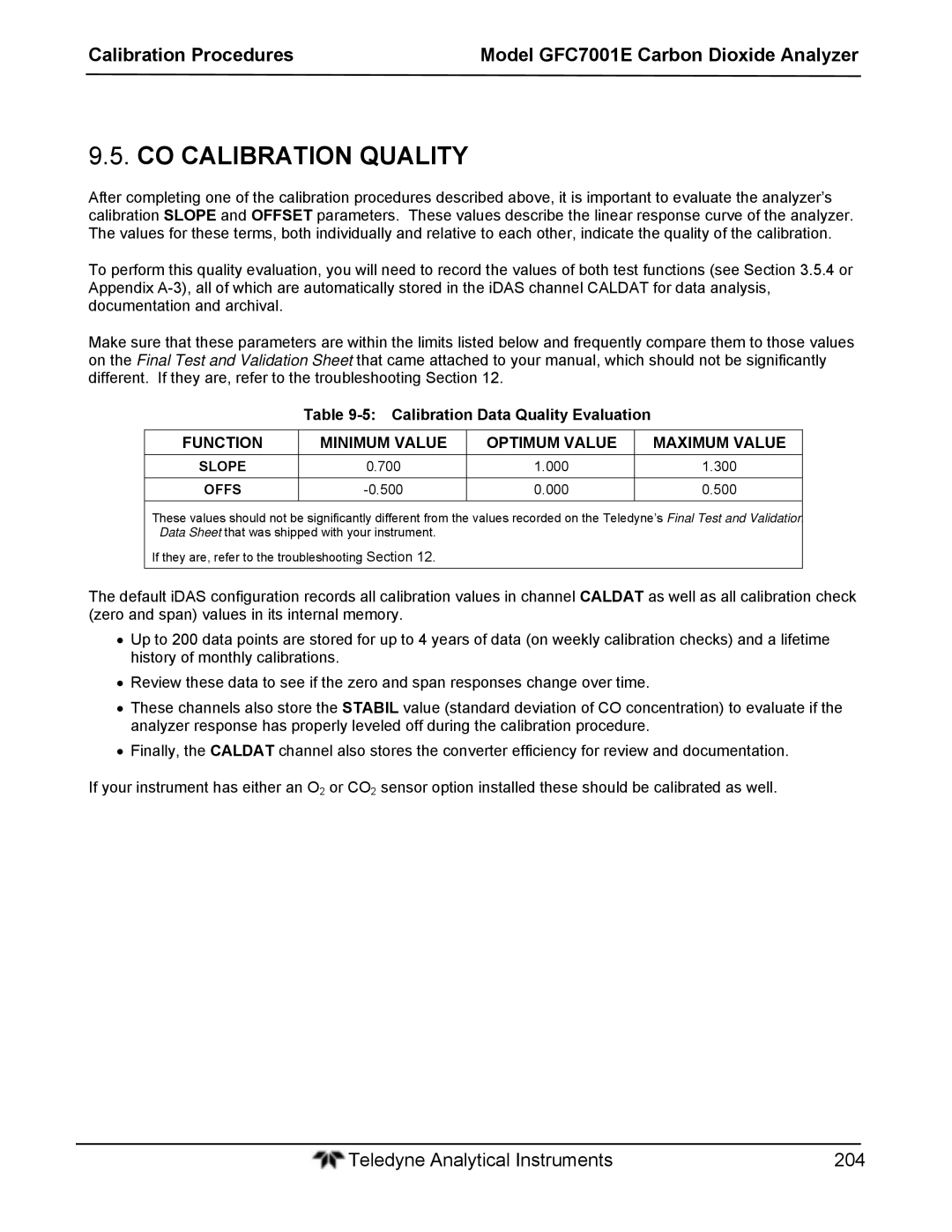 Teledyne GFC 7001EM CO Calibration Quality, Calibration Data Quality Evaluation, Function Minimum Value Optimum Value 