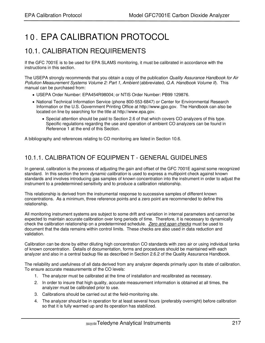 Teledyne GFC 7001E EPA Calibration Protocol, Calibration Requirements, Calibration of Equipment General Guidelines 