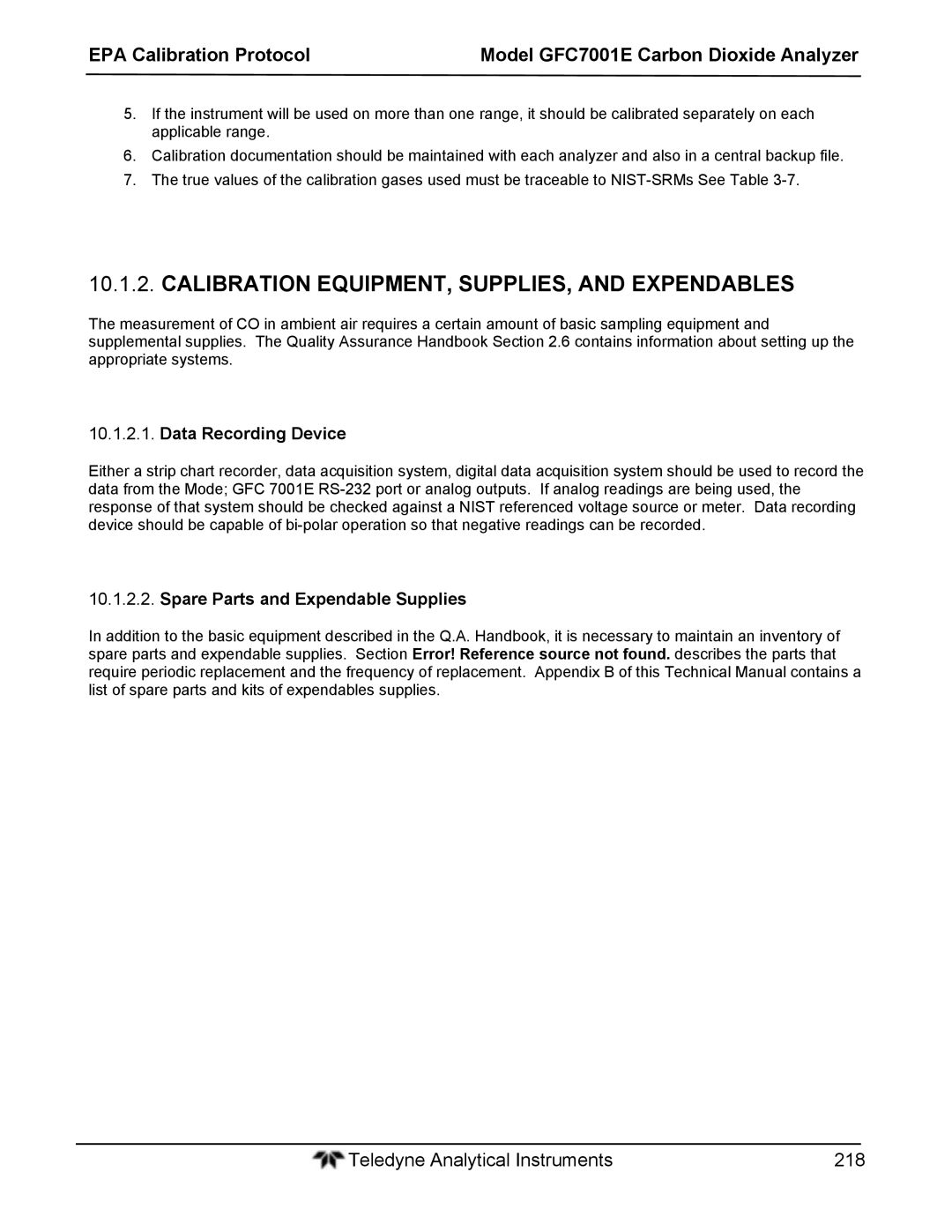 Teledyne GFC 7001EM operation manual Calibration EQUIPMENT, SUPPLIES, and Expendables, Data Recording Device 