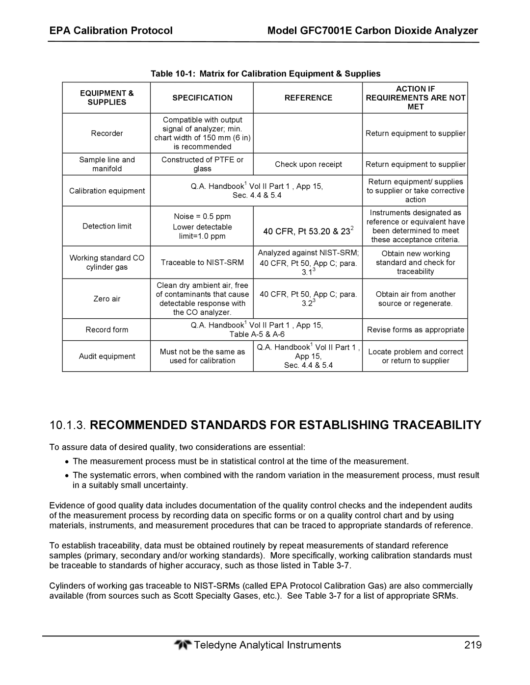 Teledyne GFC 7001E Recommended Standards for Establishing Traceability, Matrix for Calibration Equipment & Supplies 