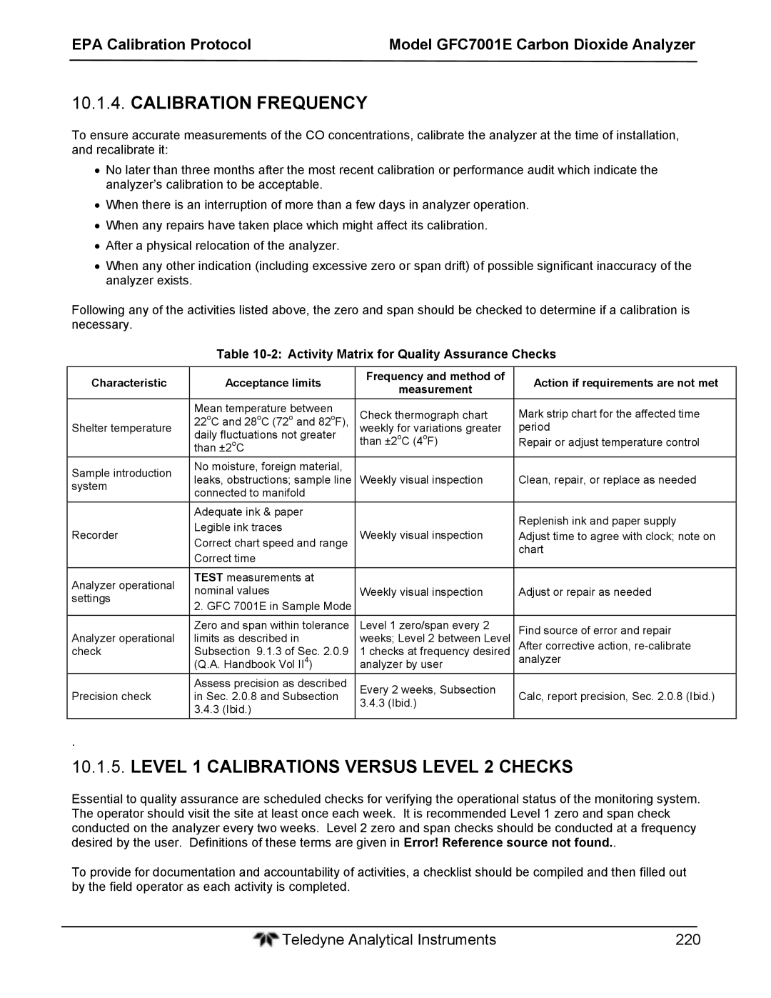 Teledyne GFC 7001EM operation manual Calibration Frequency, Level 1 Calibrations Versus Level 2 Checks 