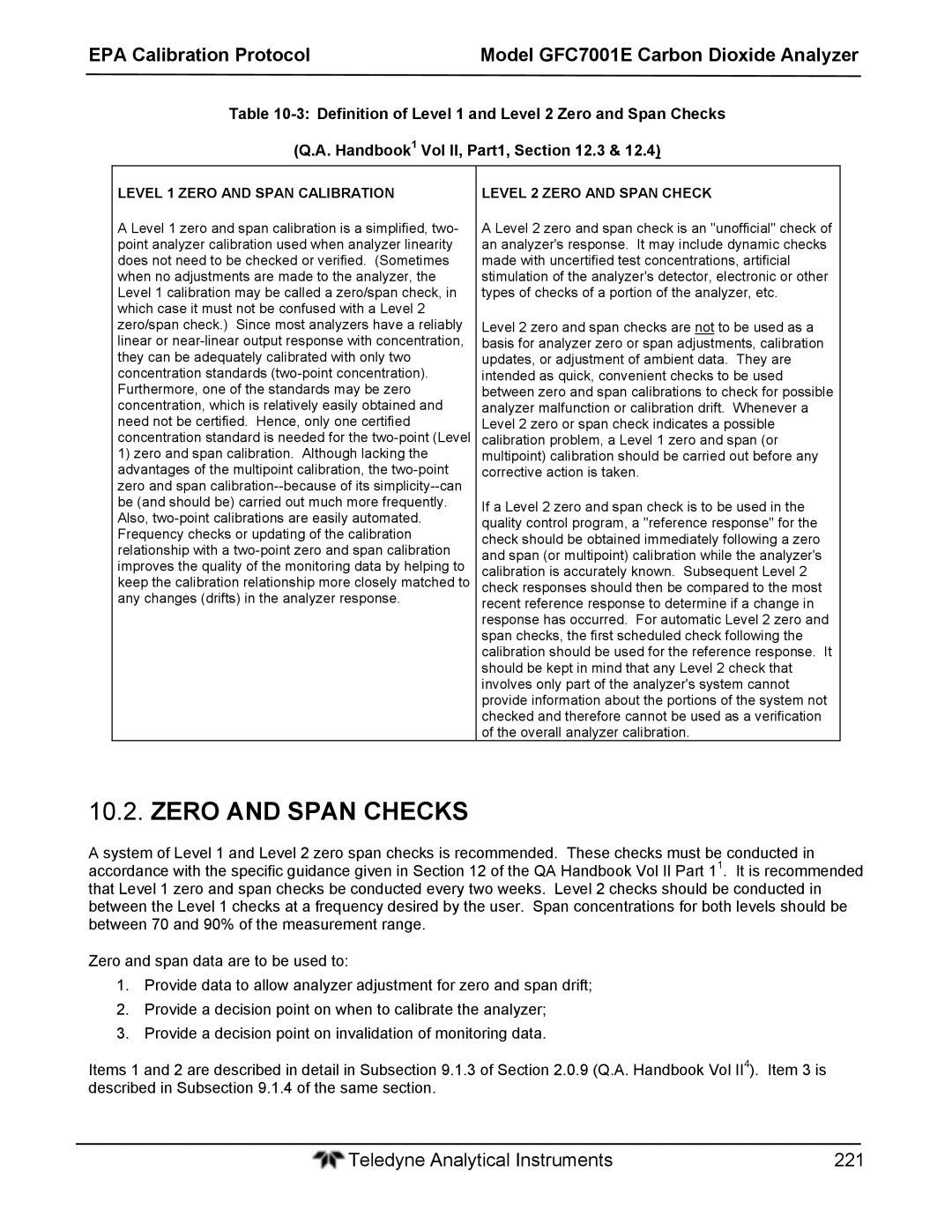 Teledyne GFC 7001EM Zero and Span Checks, Level 1 Zero and Span Calibration, Level 2 Zero and Span Check 