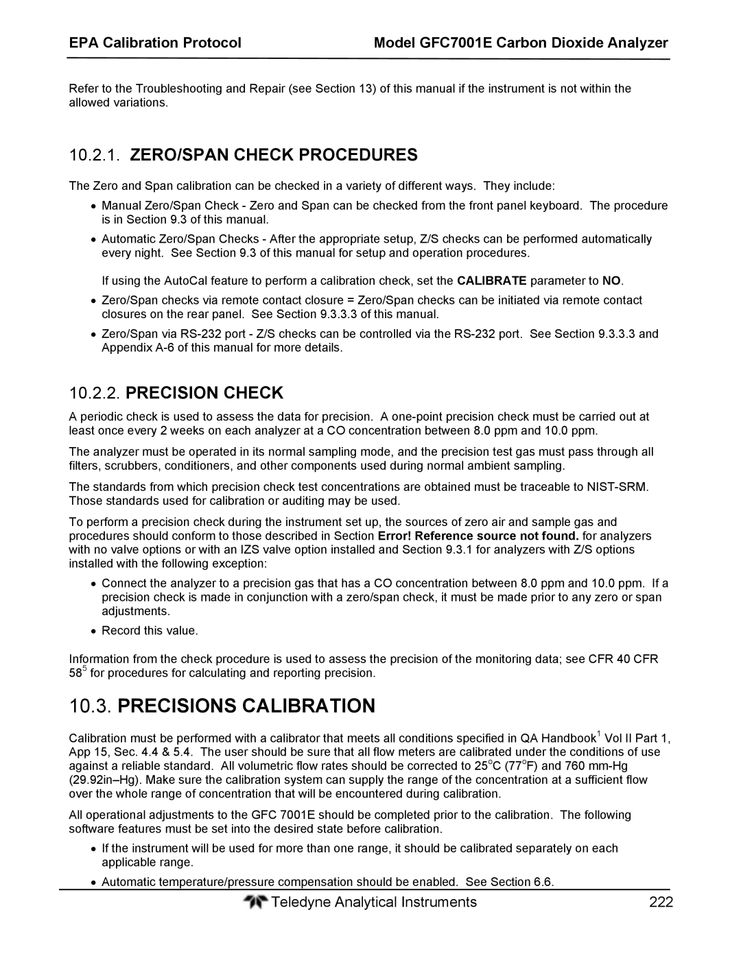 Teledyne GFC 7001EM operation manual Precisions Calibration, ZERO/SPAN Check Procedures, Precision Check 