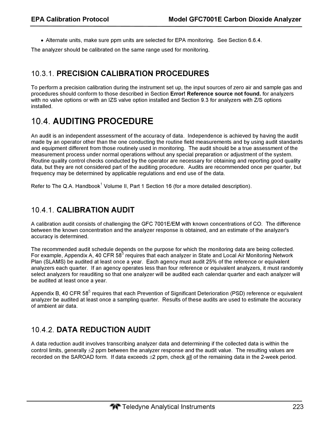 Teledyne GFC 7001E Auditing Procedure, Precision Calibration Procedures, Calibration Audit, Data Reduction Audit 