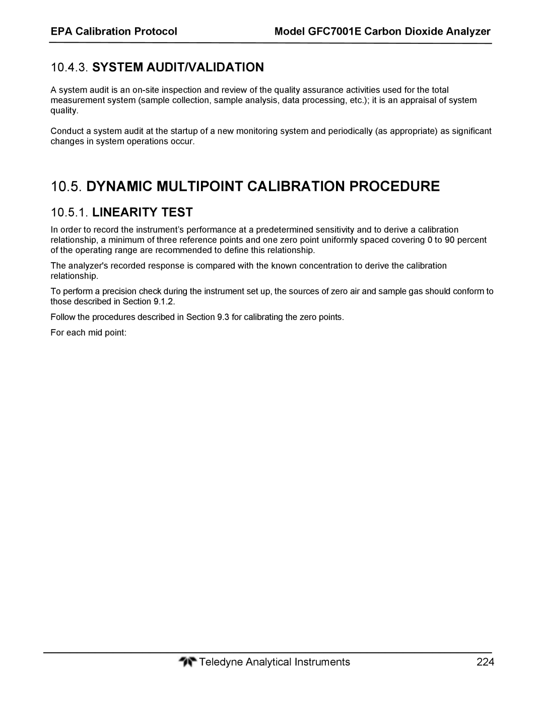 Teledyne GFC 7001EM operation manual Dynamic Multipoint Calibration Procedure, System AUDIT/VALIDATION, Linearity Test 