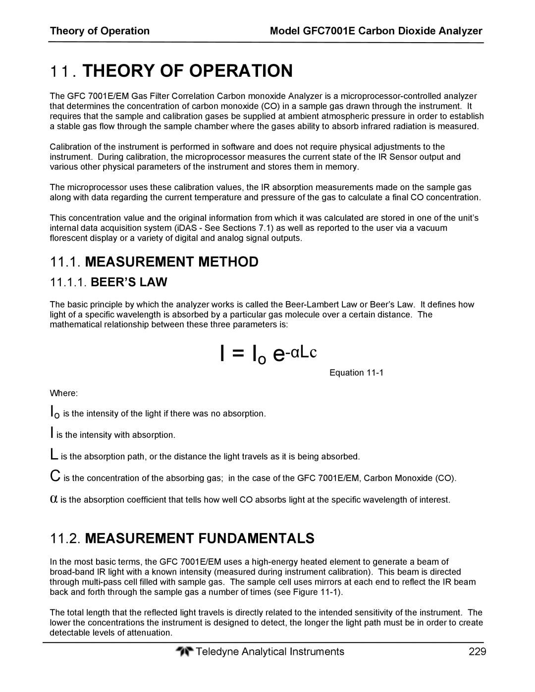 Teledyne GFC 7001EM operation manual Theory of Operation, Measurement Method, Measurement Fundamentals 