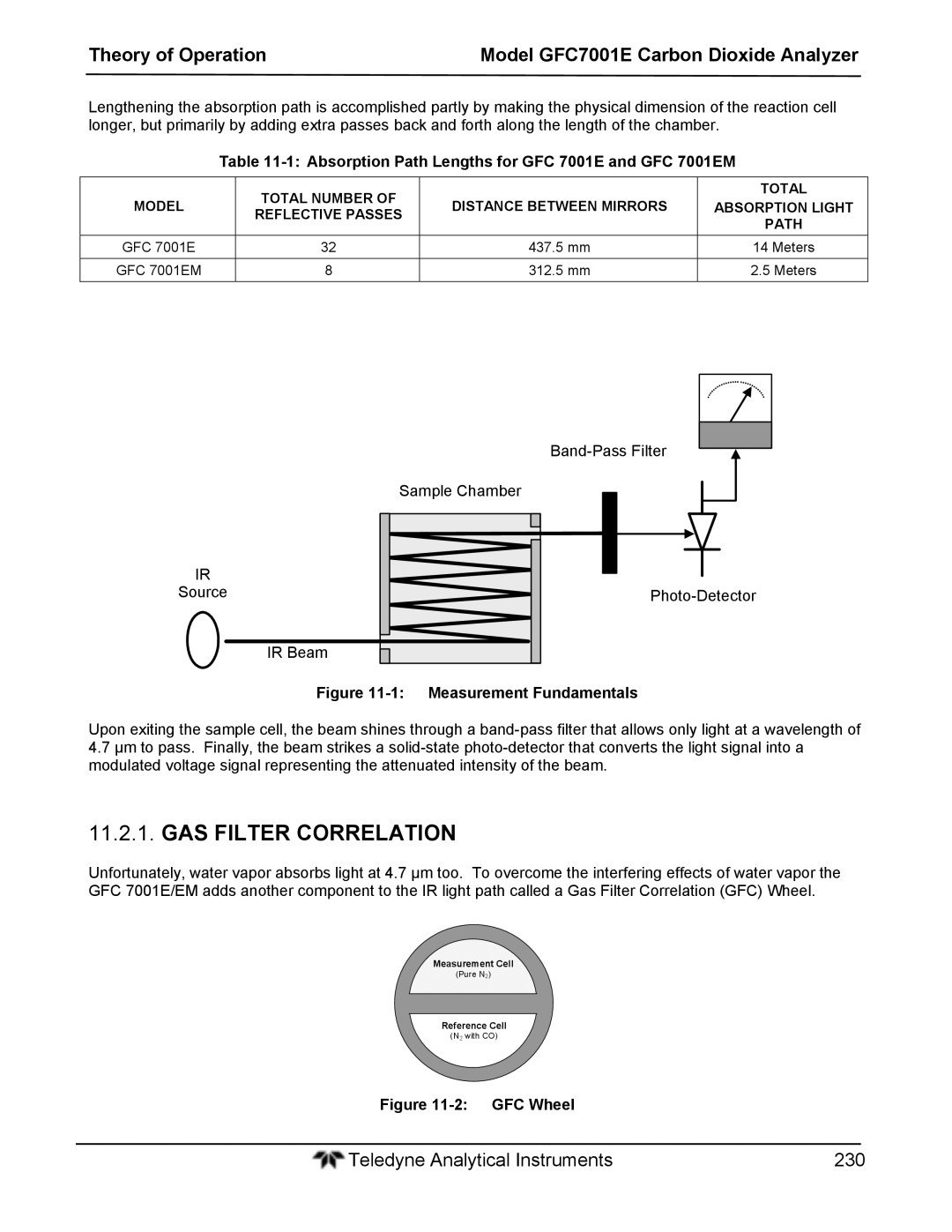 Teledyne operation manual GAS Filter Correlation, Absorption Path Lengths for GFC 7001E and GFC 7001EM 