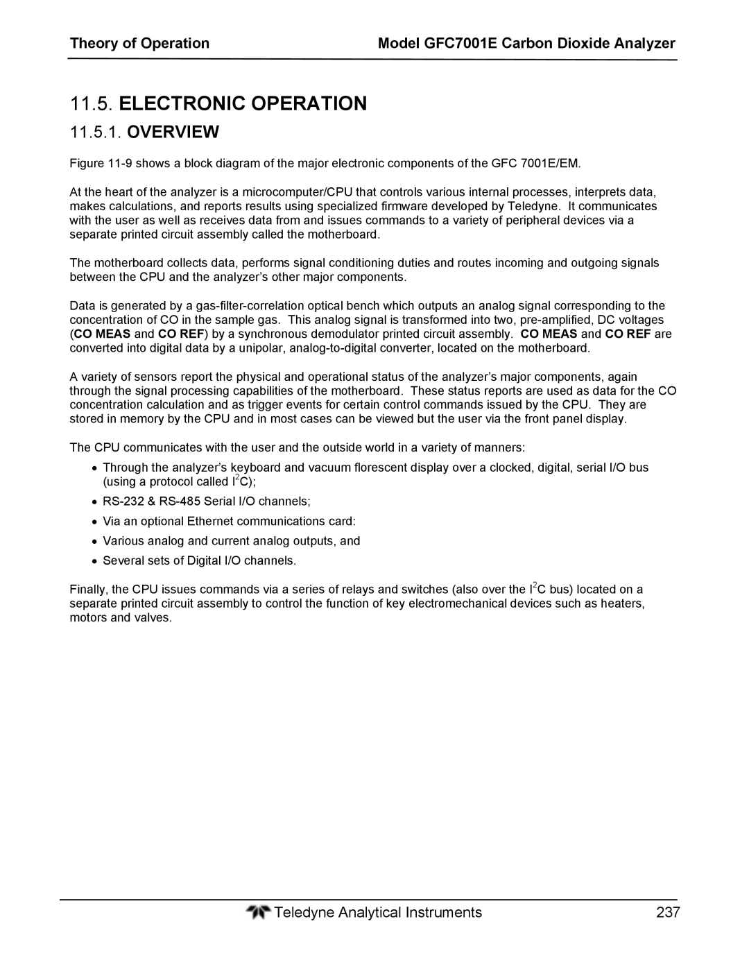 Teledyne GFC 7001EM operation manual Electronic Operation, Overview 