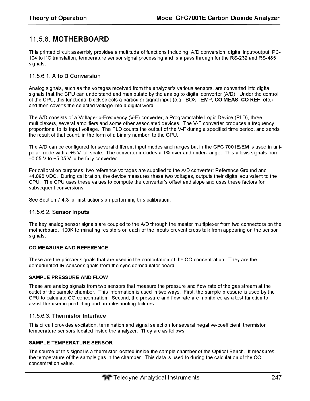 Teledyne GFC 7001EM operation manual Motherboard, To D Conversion, Sensor Inputs, Thermistor Interface 