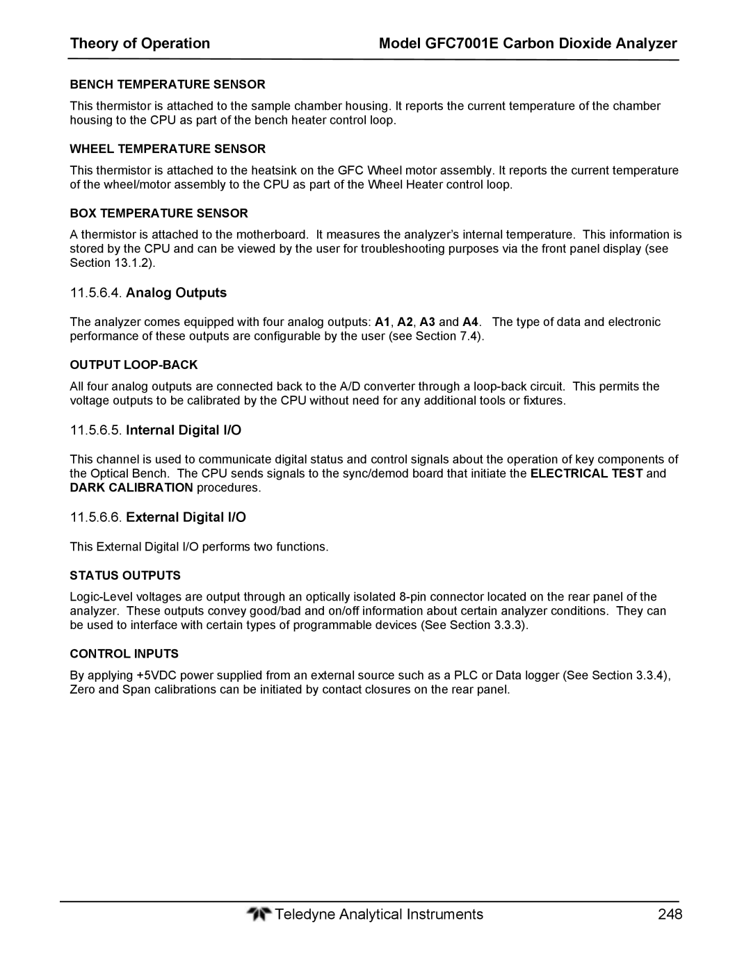 Teledyne GFC 7001EM operation manual Analog Outputs, Internal Digital I/O, External Digital I/O 