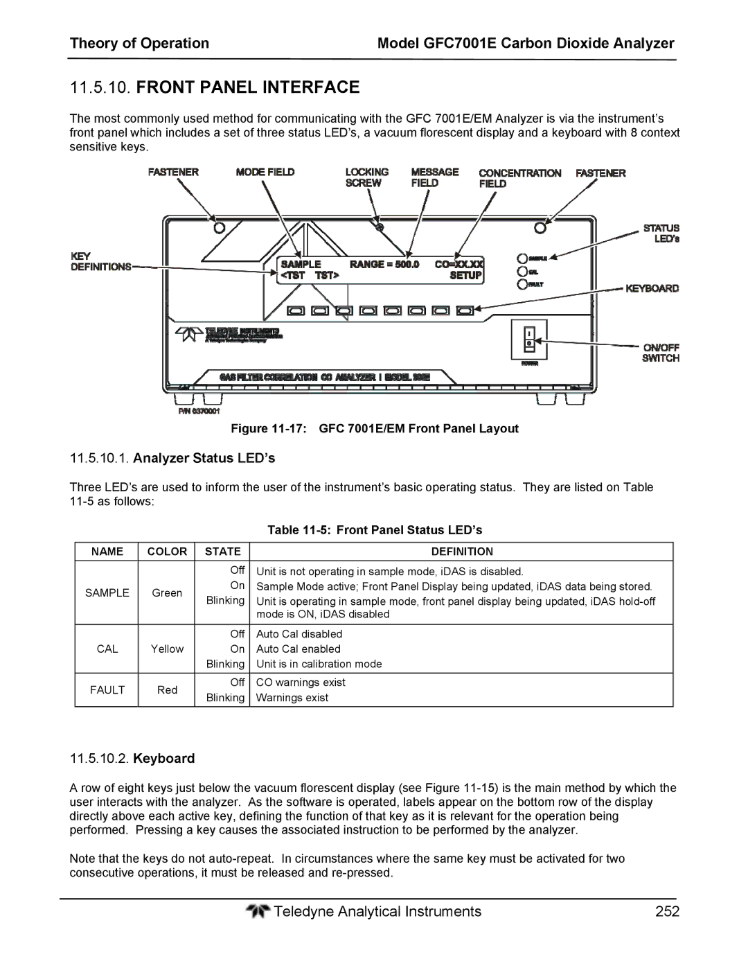 Teledyne GFC 7001EM operation manual Front Panel Interface, Analyzer Status LED’s, Keyboard, Front Panel Status LED’s 