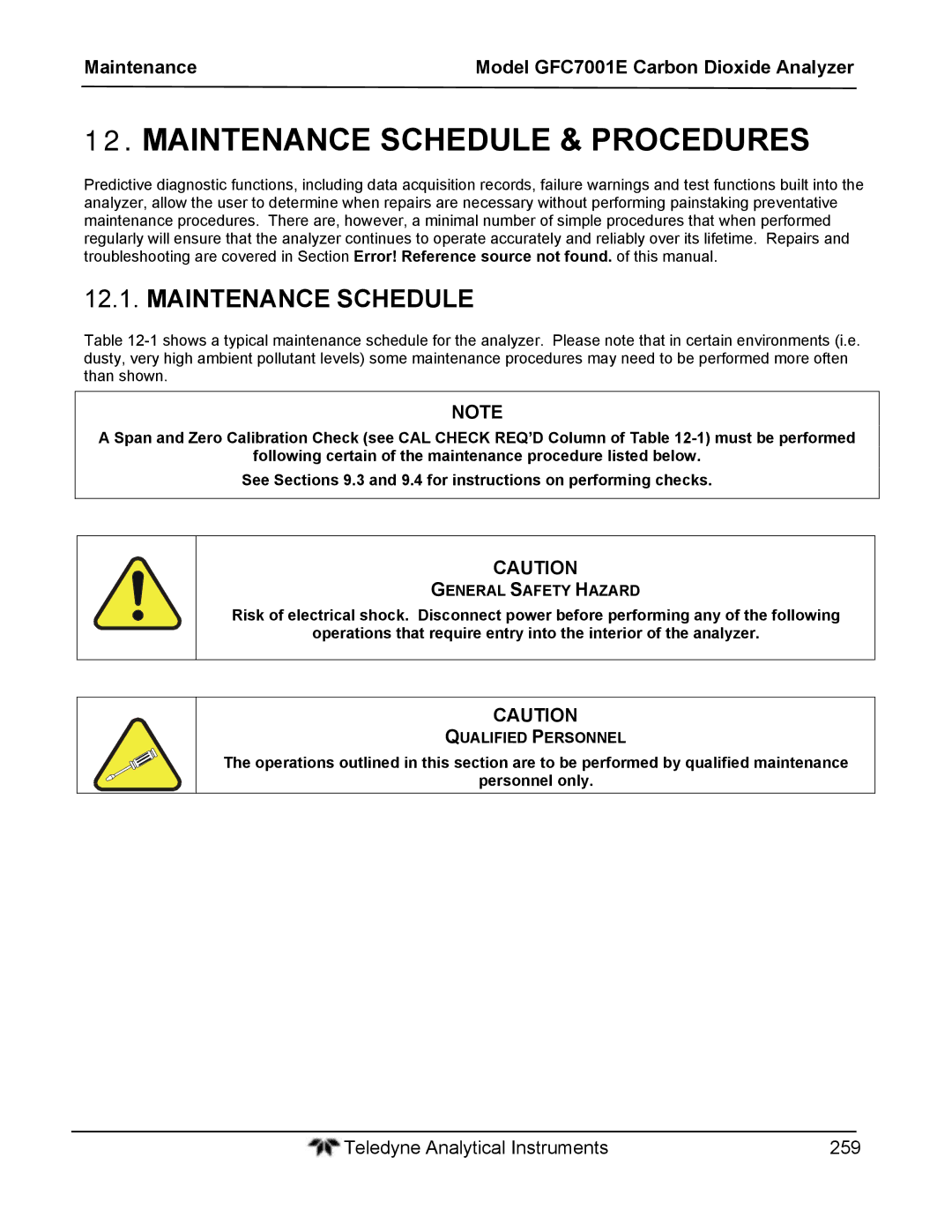 Teledyne GFC 7001EM operation manual Maintenance Schedule & Procedures, Qualified Personnel 