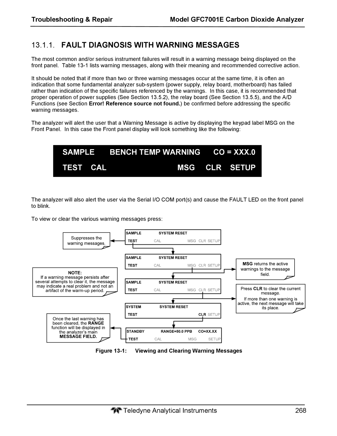 Teledyne GFC 7001EM operation manual Fault Diagnosis with Warning Messages, Viewing and Clearing Warning Messages 