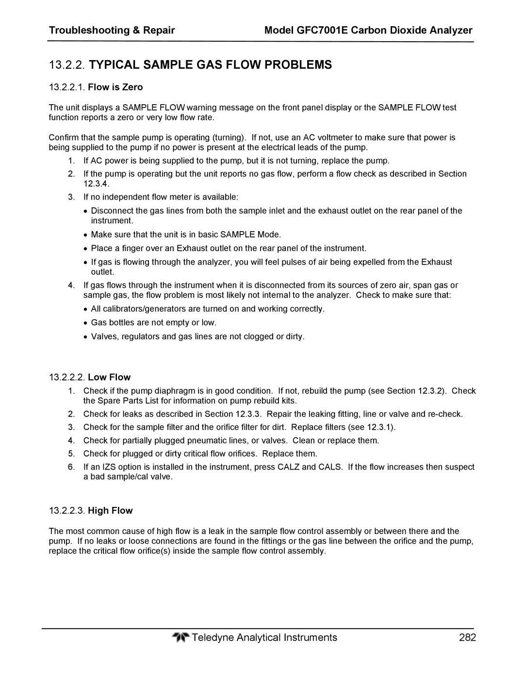 Teledyne GFC 7001EM operation manual Typical Sample GAS Flow Problems, Flow is Zero, Low Flow, High Flow 