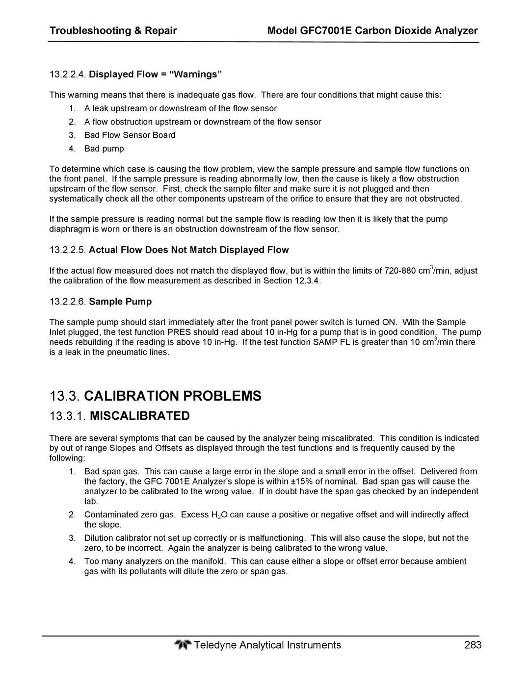 Teledyne GFC 7001EM operation manual Calibration Problems, Miscalibrated, Displayed Flow = Warnings, Sample Pump 