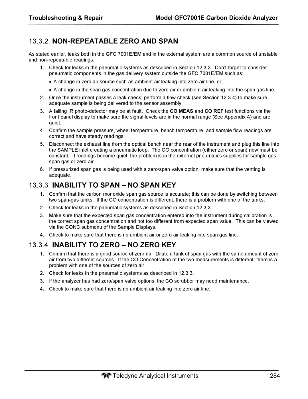 Teledyne GFC 7001EM NON-REPEATABLE Zero and Span, Inability to Span no Span KEY, Inability to Zero no Zero KEY 