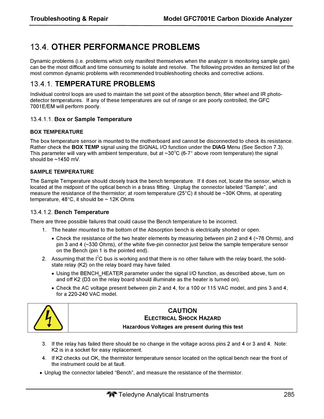 Teledyne GFC 7001E Other Performance Problems, Temperature Problems, Box or Sample Temperature, Bench Temperature 