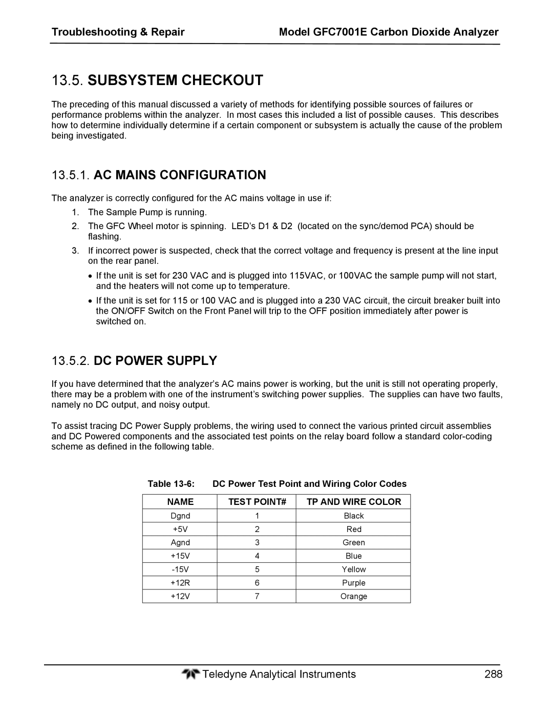 Teledyne GFC 7001EM Subsystem Checkout, AC Mains Configuration, DC Power Supply, Name Test POINT# TP and Wire Color 