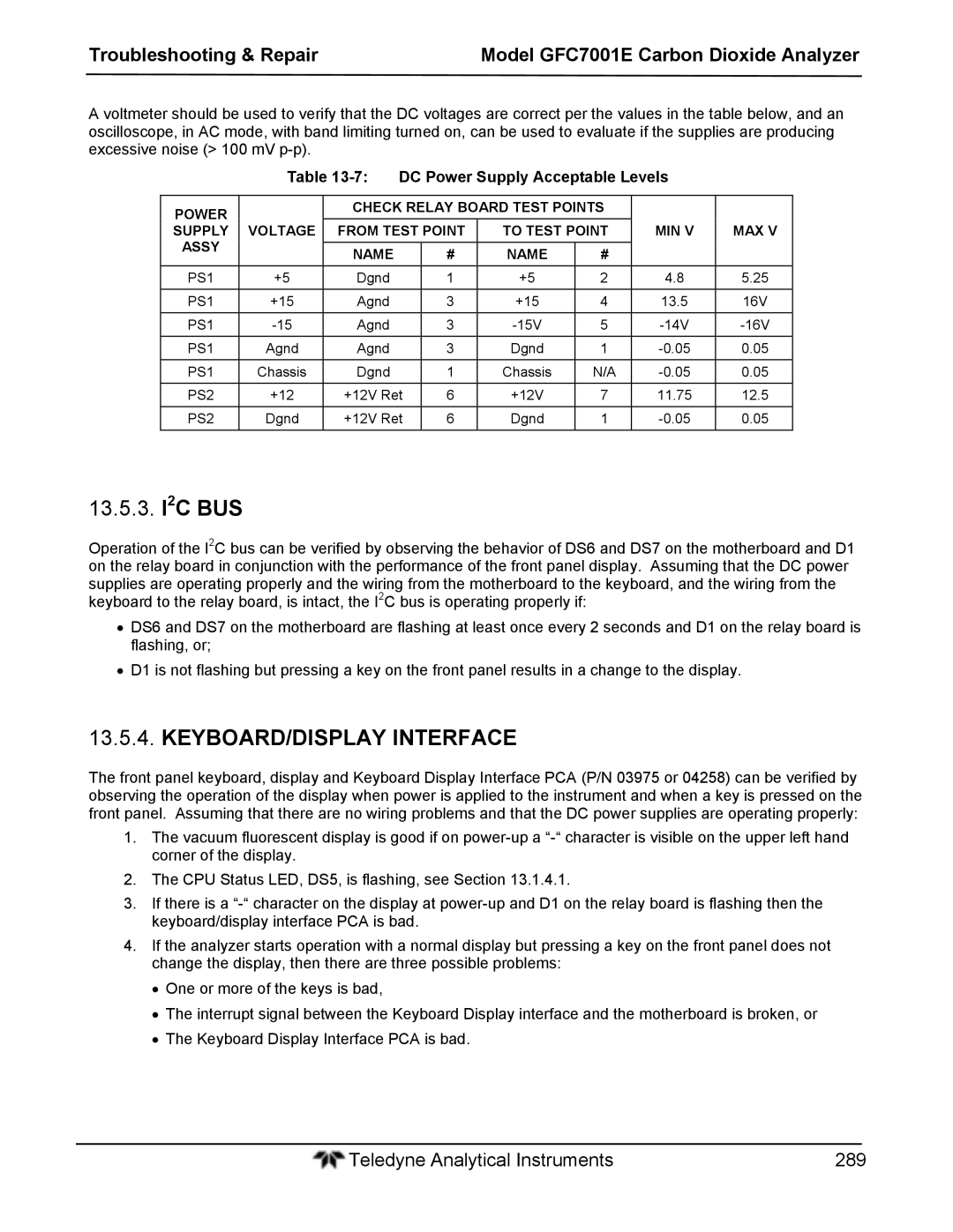 Teledyne GFC 7001EM operation manual KEYBOARD/DISPLAY Interface, DC Power Supply Acceptable Levels 