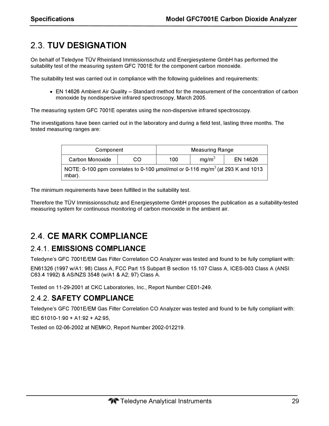 Teledyne GFC 7001EM operation manual TUV Designation, CE Mark Compliance, Emissions Compliance, Safety Compliance 