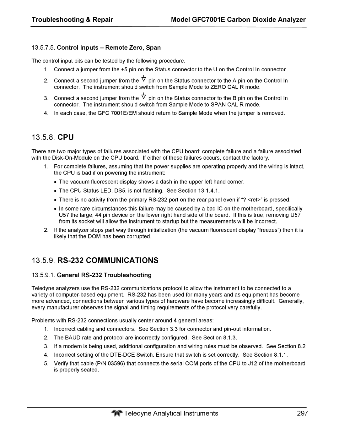 Teledyne GFC 7001EM RS-232 Communications, Control Inputs Remote Zero, Span, General RS-232 Troubleshooting 