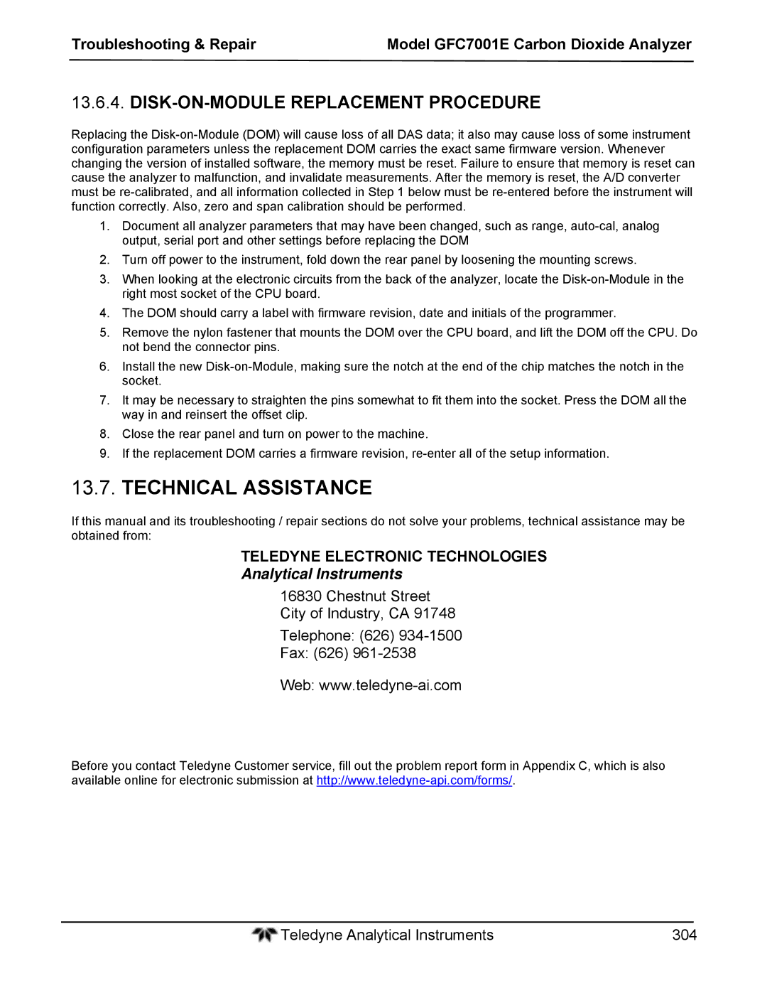 Teledyne GFC 7001EM operation manual Technical Assistance, DISK-ON-MODULE Replacement Procedure 