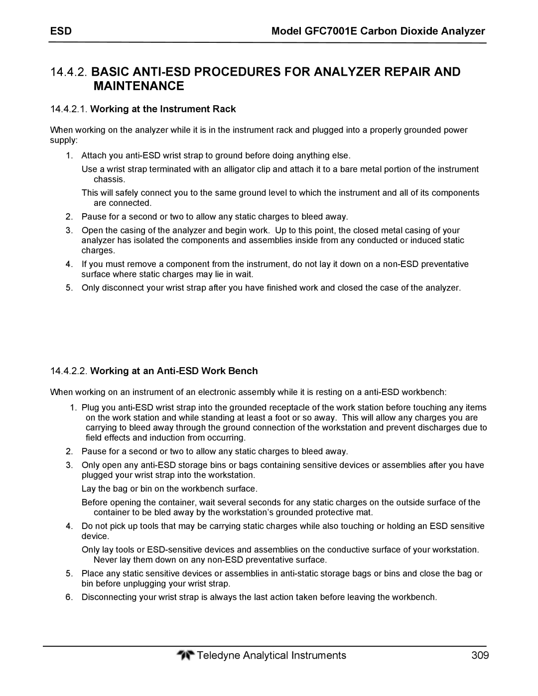 Teledyne GFC 7001EM operation manual Working at the Instrument Rack, Working at an Anti-ESD Work Bench 