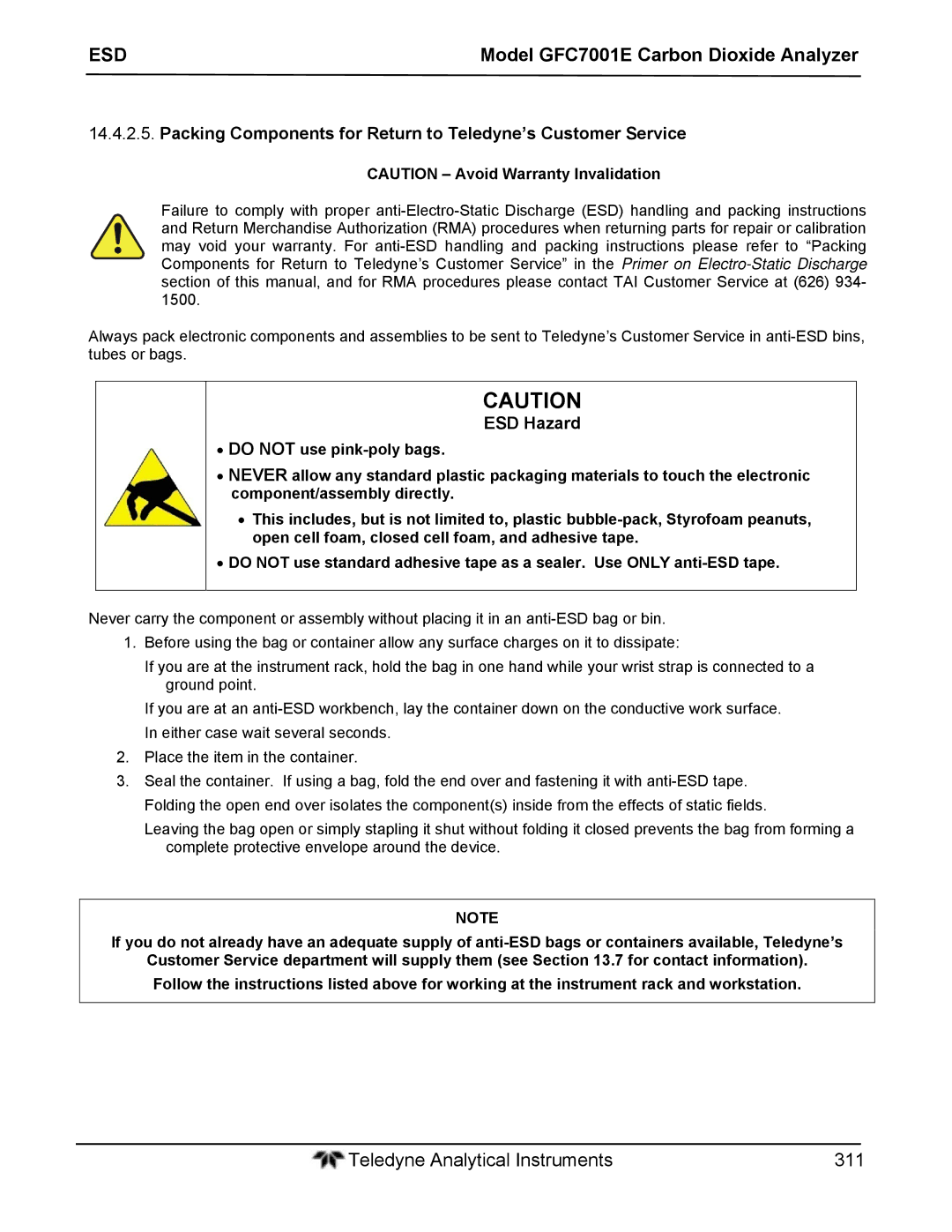 Teledyne GFC 7001EM operation manual Packing Components for Return to Teledyne’s Customer Service, ESD Hazard 