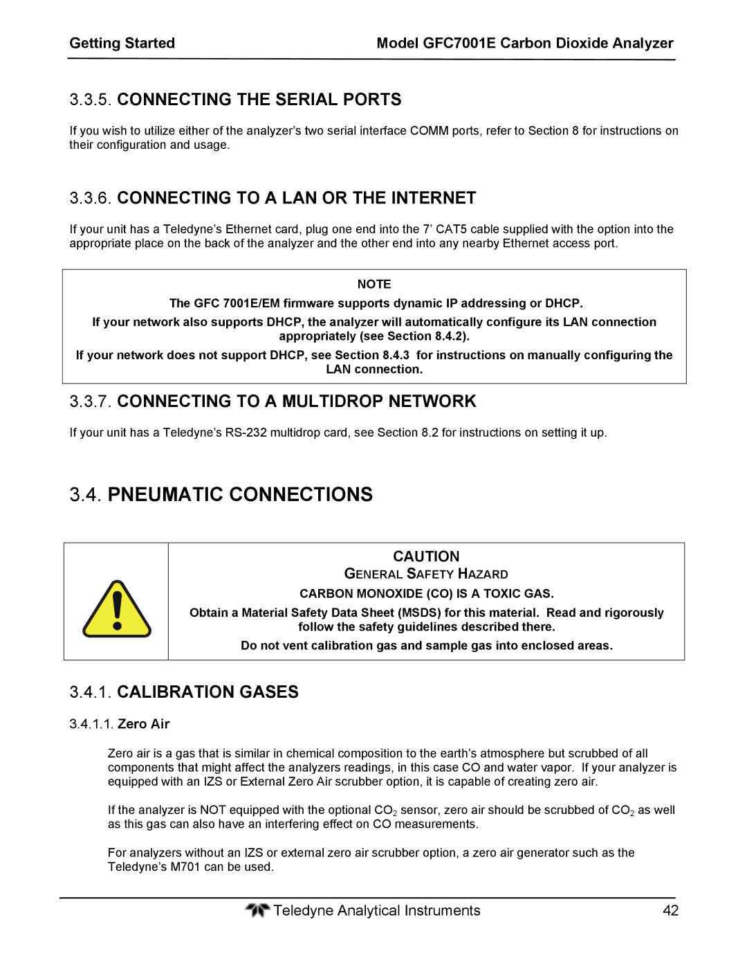 Teledyne GFC 7001EM Pneumatic Connections, Connecting the Serial Ports, Connecting to a LAN or the Internet 