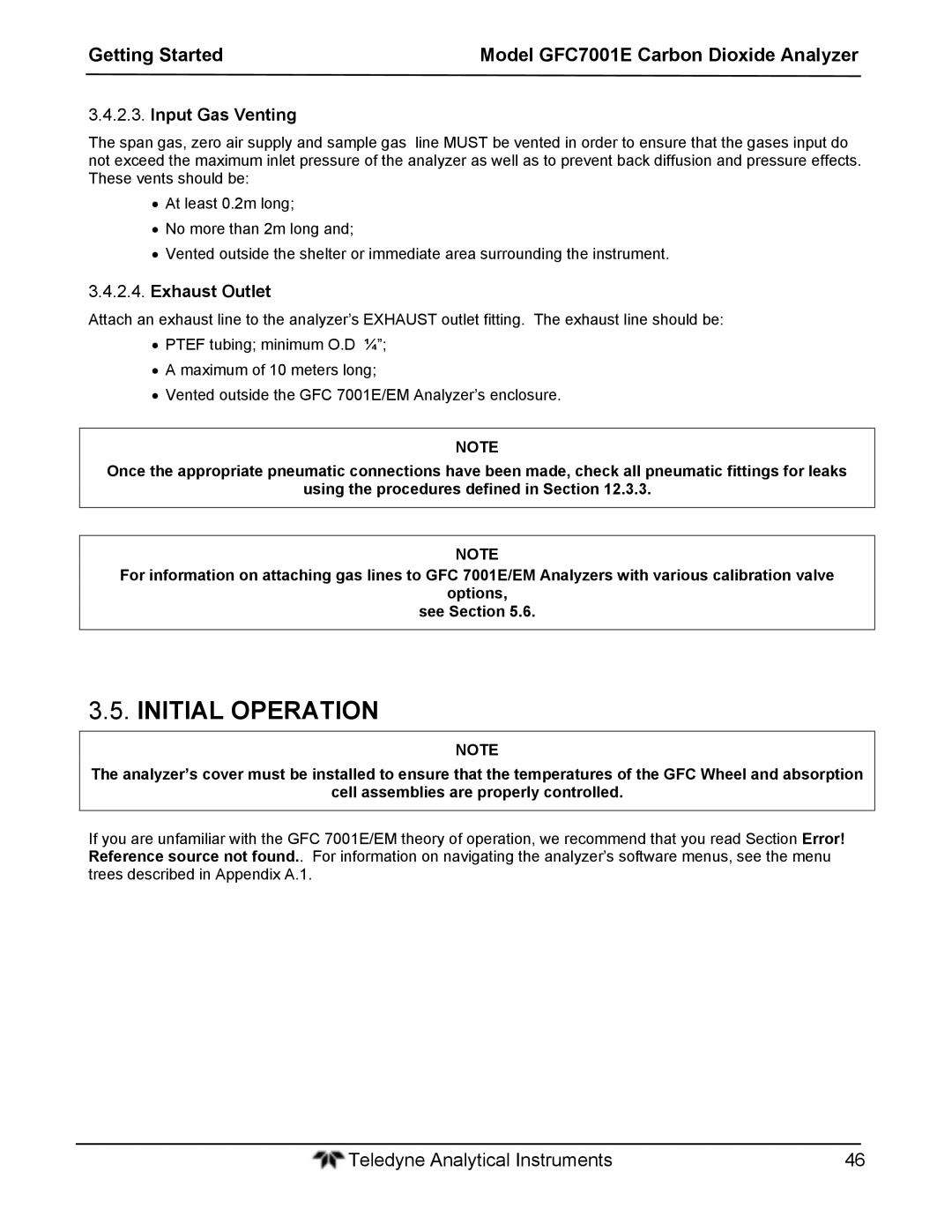 Teledyne GFC 7001EM operation manual Initial Operation, Input Gas Venting, Exhaust Outlet 