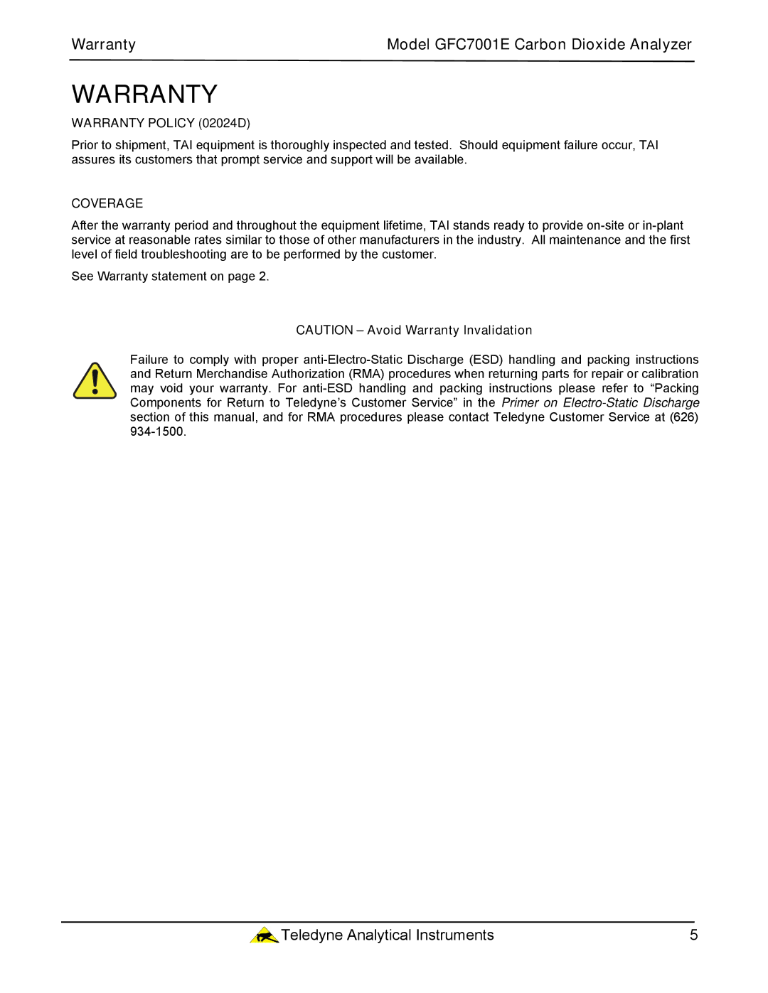 Teledyne GFC 7001EM operation manual Warranty Policy 02024D, Coverage 